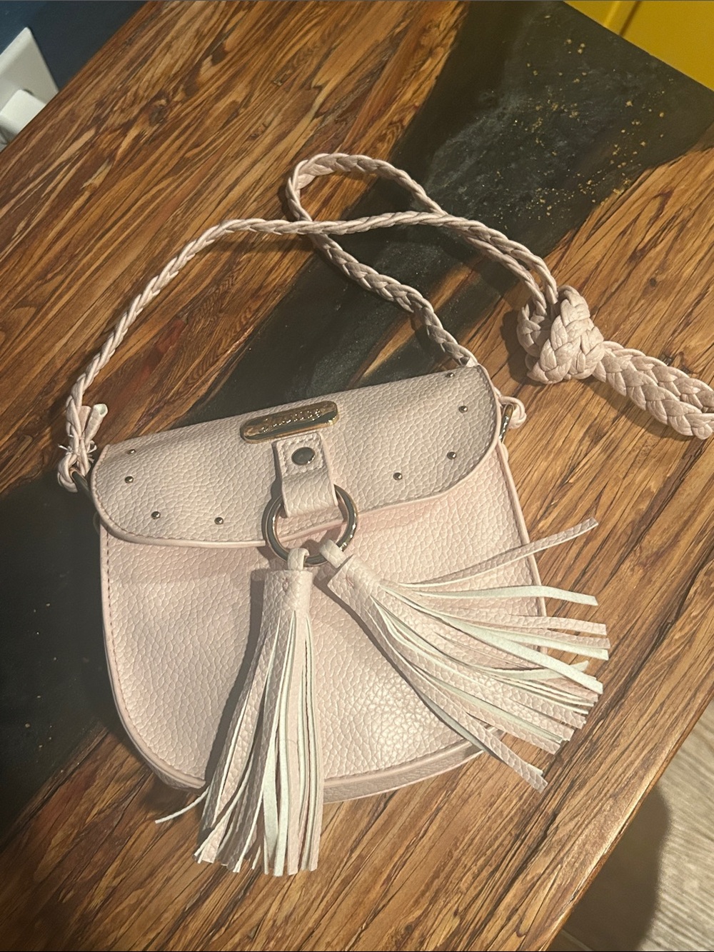 Justice Pale Pink Braided-Strap Crossbody with Tassels